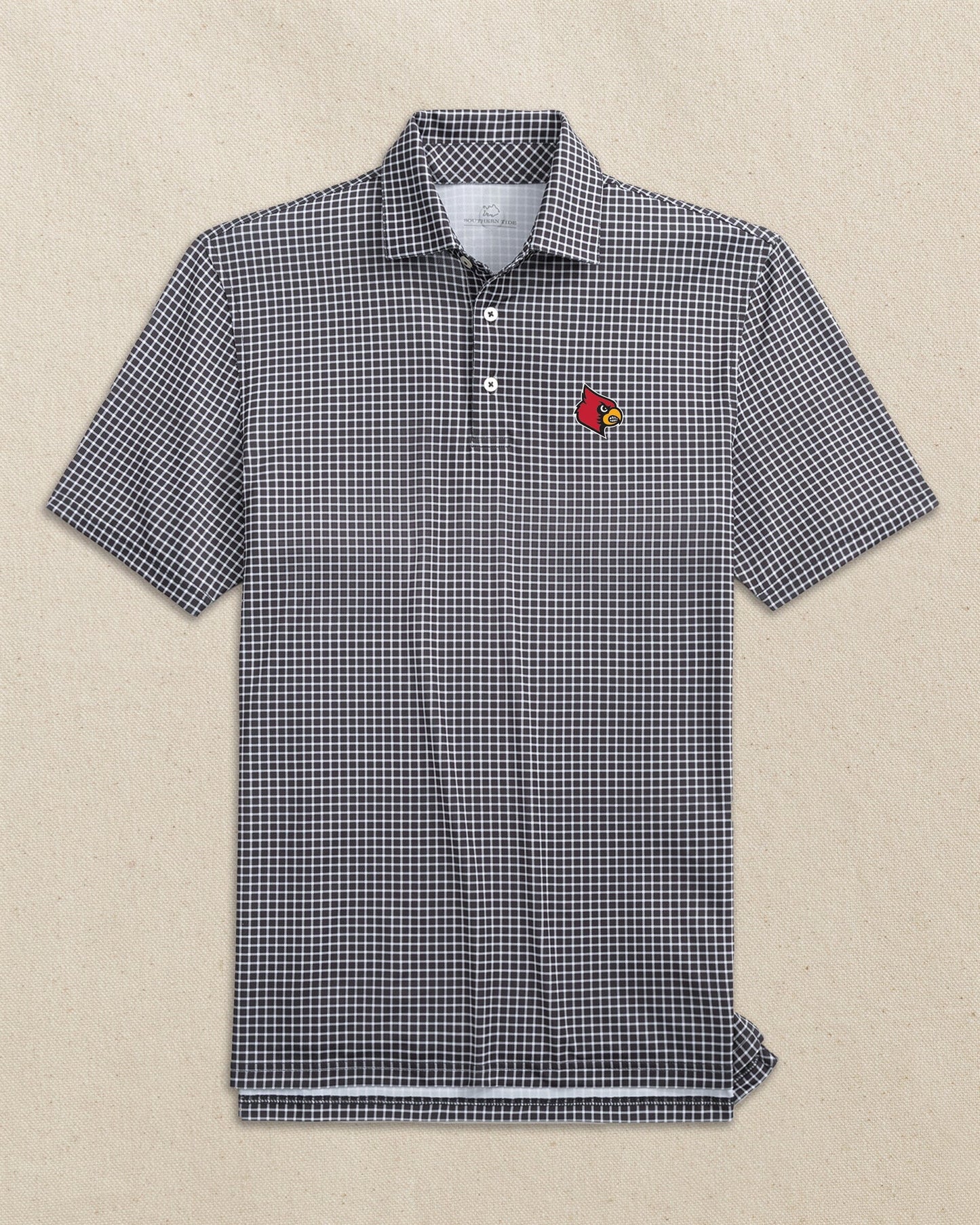 The front view of the Southern Tide Louisville Cardinals Driver Dunes Edge Plaid Polo by Southern Tide - Black