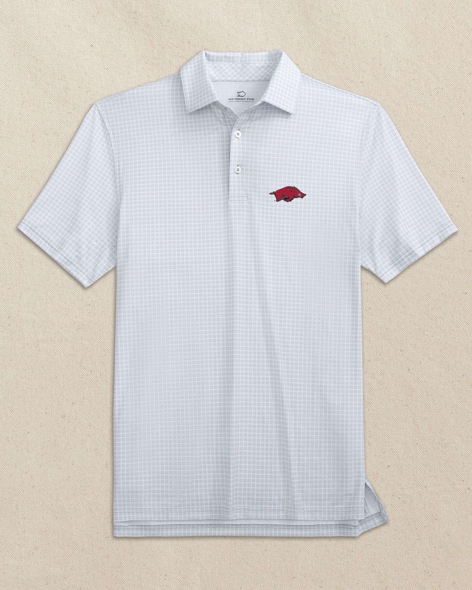 The front view of the Southern Tide Arkansas Razorbacks Driver Dunes Edge Plaid Polo by Southern Tide - Slate Grey