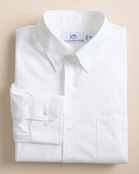 The front view of the Southern Tide Charleston Overbrook Solid Embroidered Sport Shirt by Southern Tide - Classic White