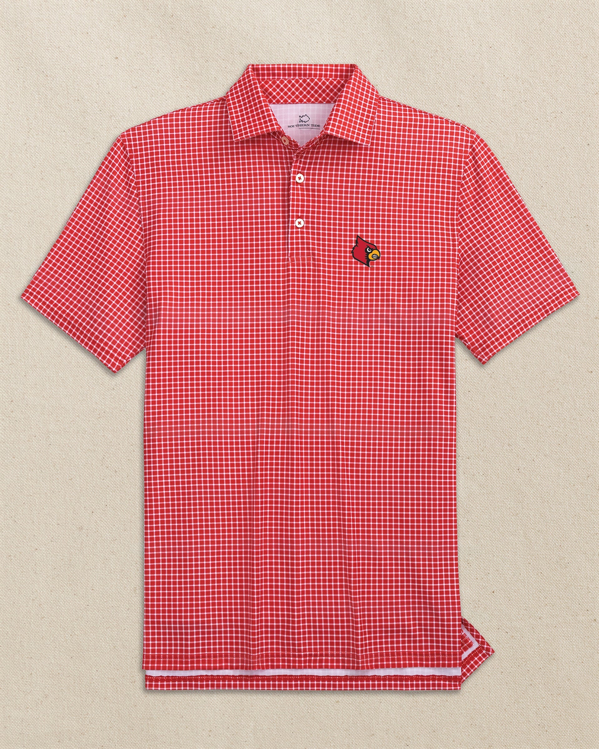 The front view of the Southern Tide Louisville Cardinals Driver Dunes Edge Plaid Polo by Southern Tide - Varsity Red