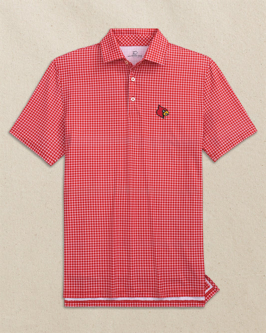 The front view of the Southern Tide Louisville Cardinals Driver Dunes Edge Plaid Polo by Southern Tide - Varsity Red