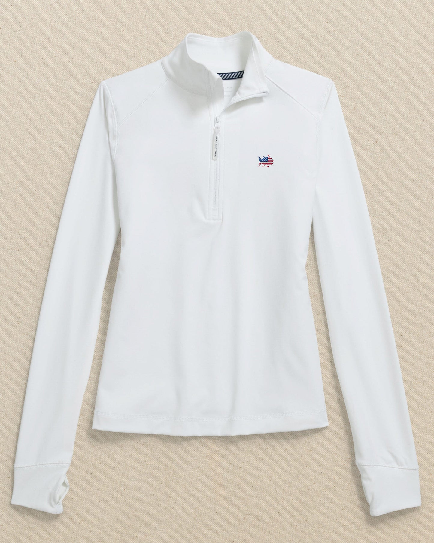 The front view of the Southern Tide USA Flag Skipjack Runaround Quarter Zip by Southern Tide - Classic White